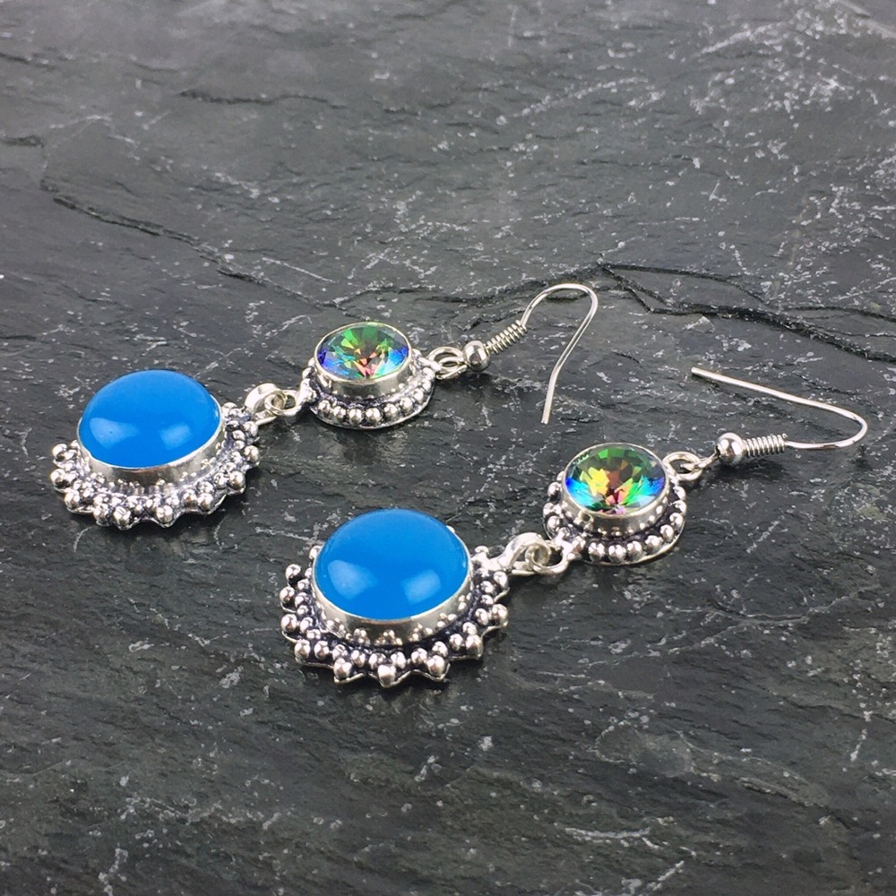 New Mystic Topaz Stone Silver Overlay Hook Dangle Earrings - Picture 8 of 8